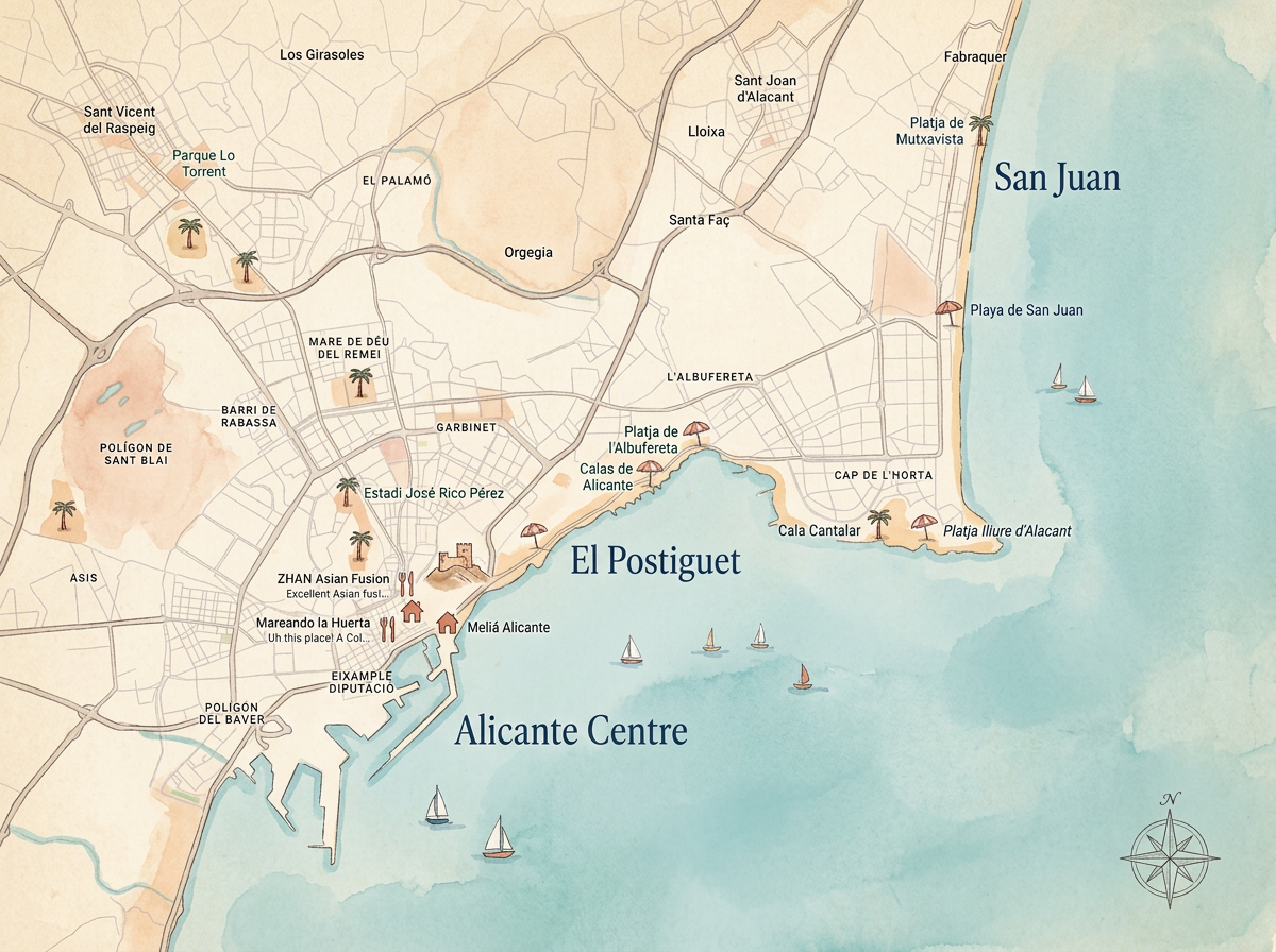 Hand-drawn watercolour illustration of Alicante — coastline, San Juan beach, El Postiguet and Alicante centre